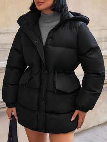 EURMUSE Women's Detachable Hooded Adjustable Drawstring Waist Flap Pocket Winter Coats - Black - View 1
