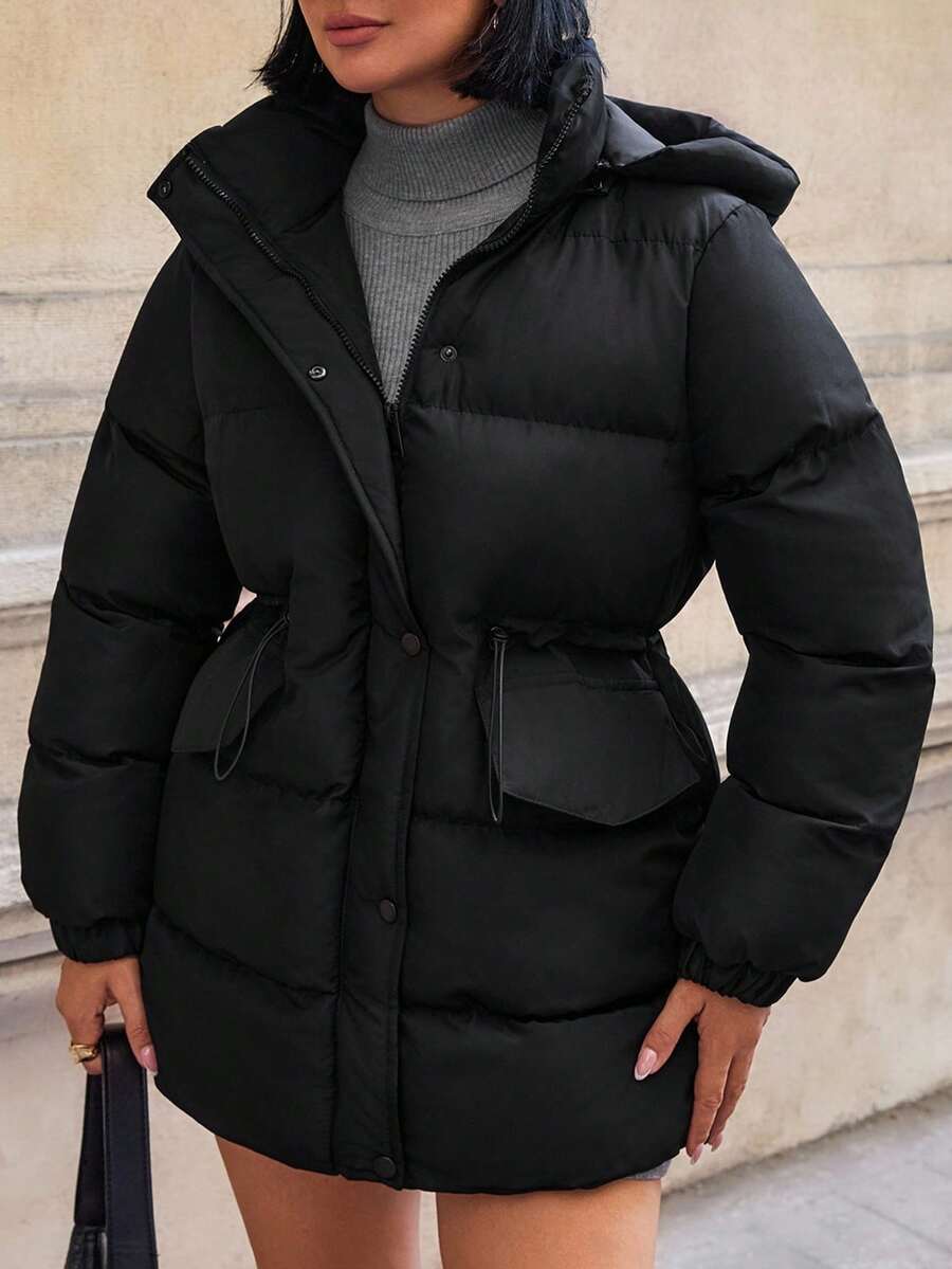 EURMUSE Women's Detachable Hooded Adjustable Drawstring Waist Flap Pocket Winter Coats - Black - View 1