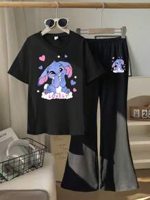 女童可爱兔子卡通印花圆领短袖T恤和紧身针织喇叭裤黑色可爱两件套 - 黑色 - 查看 3