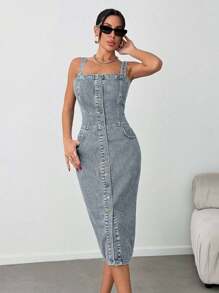 EURMUSE Slant Pocket Button Front Overall Denim Midi Dress - Blue - View 7