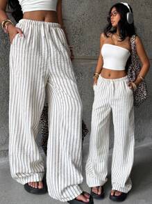 Coolane Kids Teen Girls Fall Clothes  Clothing For Petite Girls  Basic Knit Comfort Striped Wide Leg Sweatpants  Streetwear Striped Textured White Baggy Pants ,Back To School Winter