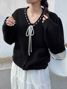 FRIFUL 女士蝴蝶结领饰抽绳开襟贝壳纽扣装饰宽松休闲毛衣，秋季 - 黑色 - 查看 5