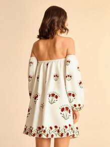 CAJUNI 女士休闲度假米红色花朵单肩印花长袖灯笼袖露肩短裙约会夜服装女士秋季连衣裙女士演唱会服装女士波西米亚风服装 - 彩色 - 查看 2