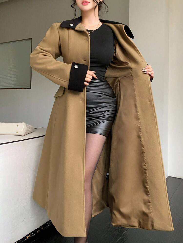Women's Elegant Long Overcoat, Colorblock Lapel With Waist Cinched Design, Winter Warm Outerwear