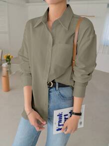 DAZY 女士纯色单排扣口袋长袖宽松休闲衬衫，秋季女装 - 卡其色 - 查看 5