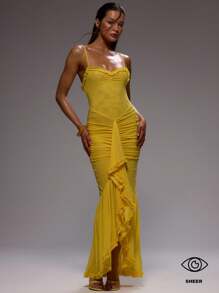 MUSERA Đầm maxi hai dây, xếp ly phía trước, vạt xếp ly, thích hợp cho kỳ nghỉ xuân hè, dự tiệc cưới, lễ tốt nghiệp, dạ hội, hẹn hò sang trọng, tiệc mùa thu. - Màu vàng - Xem 1