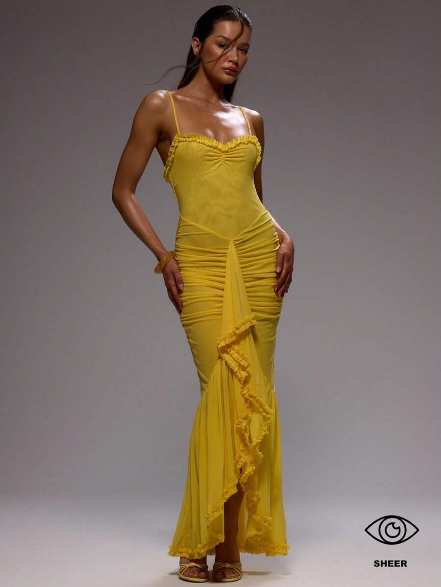 MUSERA Đầm maxi hai dây, xếp ly phía trước, vạt xếp ly, thích hợp cho kỳ nghỉ xuân hè, dự tiệc cưới, lễ tốt nghiệp, dạ hội, hẹn hò sang trọng, tiệc mùa thu. - Màu vàng - Xem 1