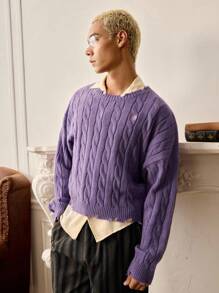 SWAVVY Men's Casual Solid Color Cable Knit Sweater, Autumn/Winter - Violet Purple - View 6