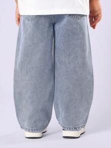 SUMWON Double Knee Wide Leg Denim Pants Streetwear Fashion Japanese Style Baggy Loose Fit Kids Trousers Fall Winter Casual Everyday Urban Wear