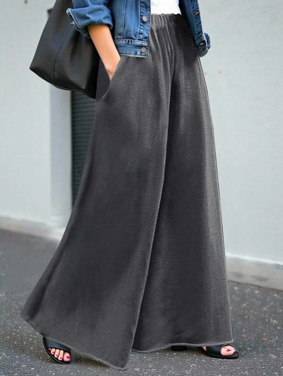 INAWLY 女士纯色松紧腰宽松阔腿休闲裤 - 深灰色 - 查看 1