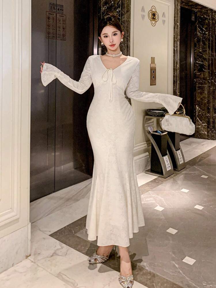 Women's V-Neck Front Tie Bell Sleeve Fish Tail Hem Elegant Mid-Length Dress Prom Dress Maxi Dress