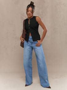 MISSGUIDED 时尚纽扣开衩无袖吊带背心，适合办公室、职场、商务休闲夏季穿着，专业上衣 - 黑色 - 查看 4