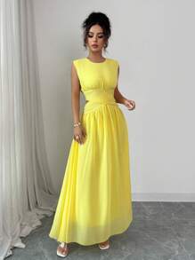 Rafferiza Damen Rundhalsausschnitt Kreuz Taille Plissee Taille Cut Out Chiffon Langes Kleid