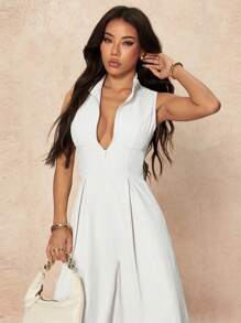 SHEIN PETITE 超宽腿拉链前无袖连体裤 - 杏色 - 查看 8