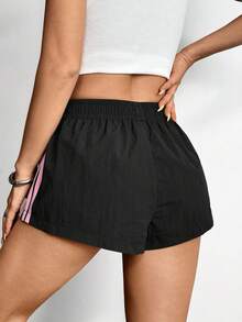 SHEIN PETITE 女士侧条纹松紧腰休闲宽松短裤夏季女士短裤 - 黑色 - 查看 3