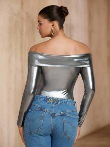 SHEIN Unity 女士派对夜出闪亮银色 Y2K 风格露肩长袖紧身衣，时尚优雅性感造型，秋冬外出装 - 銀色 - 查看 2