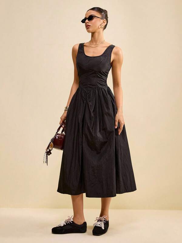 Muvela Vintage Casual Women's Sleeveless Long Trench Fabric Dress With A Bubble Hem