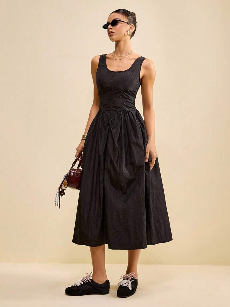 Muvela Vintage Casual Women's Sleeveless Long Trench Fabric Dress With A Bubble Hem - Navy Blue - View 1