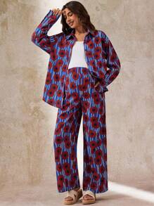 Boho Mama 2 pièces Ensemble de grossesse casual : chemise boutonnée à manches longues à rayures géométriques et pantalon ample