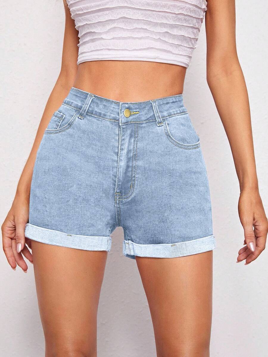 SHEIN ICON 女士浅色简约休闲牛仔短裤 - 淺色水洗藍 - 查看 1