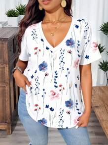 SHEIN Frenchy Camiseta casual de talla grande para mujer con estampado floral retro en azul y blanco, estampado floral sobre unicolor, cuello en V y mangas cortas - Azul y blanco - Ver 3
