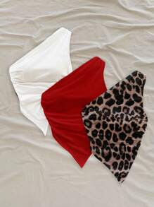 Soleia 3 件套性感豹纹组合（白色、红色、纯色豹纹）不对称下摆露肩上衣，适合夏季和海滩风格 - 彩色 - 查看 3