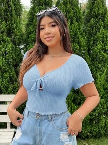 SHEIN EZwear Women Plus Size Waffle V-Neck Tied Front Bow Cropped T-Shirt, Solid Color For Summer - Baby Blue - View 6