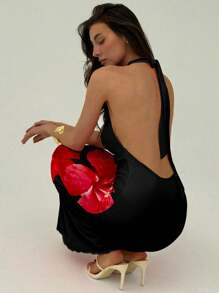 Aloruh 浪漫约会优雅花卉印花紧身长裙，秋季深 V 领露背镂空链条装饰设计