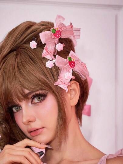 Kawaii 2pcs Cute Plaid Lace Bow Hair Clips And Fruit Print Hair Claw Clips, Niche Design Fashionable Hair Accessories