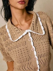 Poéselle 休闲撞色饰边领镂空针织上衣 - 卡其色 - 查看 3
