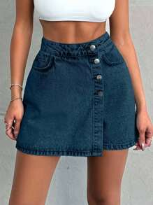 EURMUSE 100%Cotton LIGHT WASH BUTTONS DETAIL SHORT SKIRT - Teal Blue - View 5