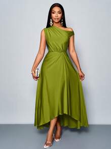 Vestido largo de punto elástico morado cómodo con detalles recogidos, cuello asimétrico y bajo asimétrico con abertura, para fiesta y ocasiones elegantes en primavera y verano - Verde - Ver 5