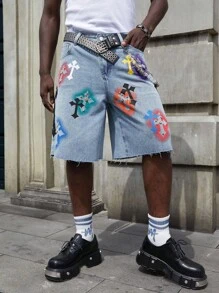Street Life Men's Cross Print Rhinestone Embellished Denim Shorts - Blue - View 5