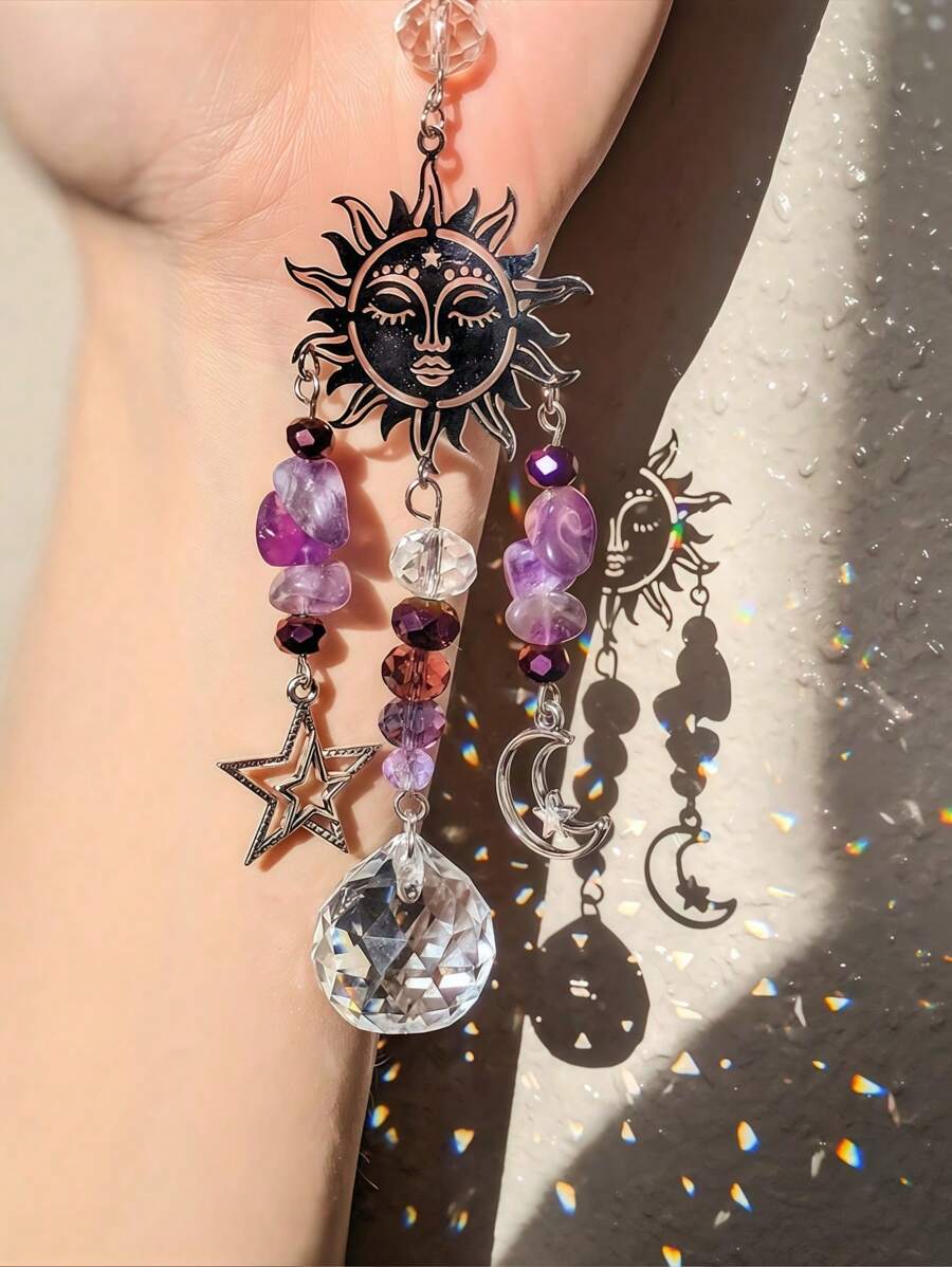 SHEIN 1 Piece Of Amethyst Moon - Goddess Sun Catcher, Celestial Amethyst Moon And Stars, Christmas Ornaments, Car Decorations, Festival Event Party Decorations, Holiday Gifts.