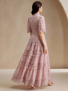 Anewsta Women's Hollow Collar Puff Sleeve Lace Patchwork Cinched Waist Long Dress, Elegant Vacation Style