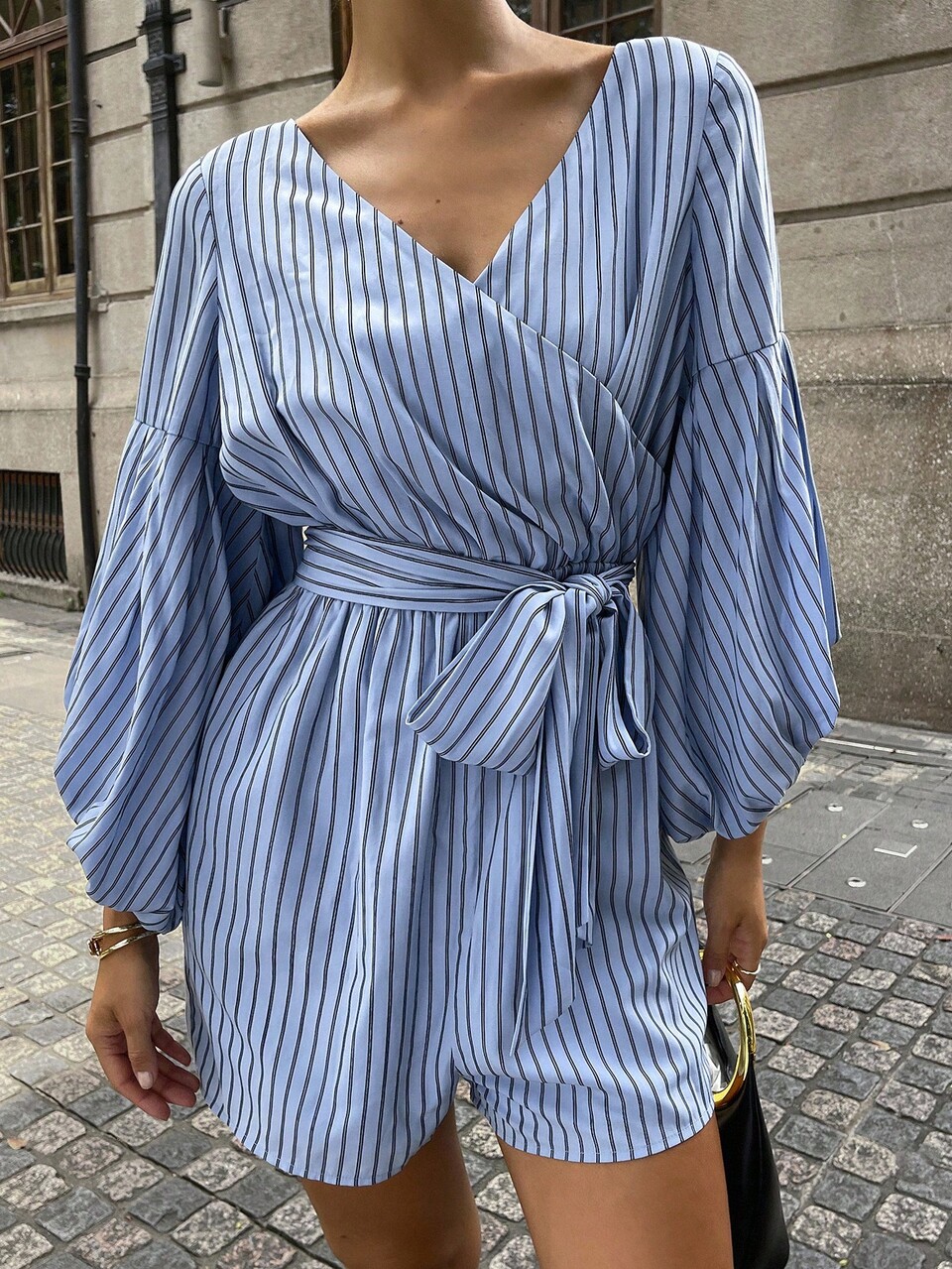 Women's V-Neck Striped Blouse, Loose Lantern Sleeve, Contrast Color Side Seam Bow Jumpsuit, Resort Style, Autumn Romper Lounge Sets For Women