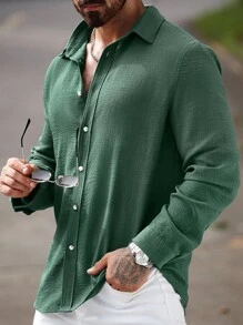 Manfinity CasualCool Men's Solid Color Plain Casual Linen Long Sleeve Collar Shirt, For Going Out, For Fall - Green - View 6