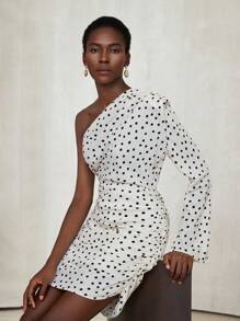 Aveloria Modichic French Elegant White With Black Polka Dots Summer Short Dress For Women,Asymmetric Long Sleeve Padded Shoulder Cinched Waist Ruched Hem Bar Party - Multicolor - View 4