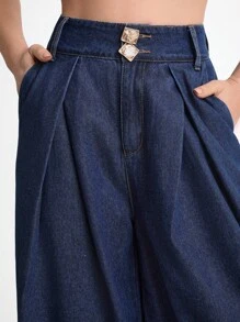 Daynim 女士休闲通勤阔腿牛仔裤 阔腿牛仔裤 喇叭牛仔裤 女士牛仔裤 喇叭裤 牛仔裤 高腰牛仔裤 - 深色水洗藍 - 查看 5