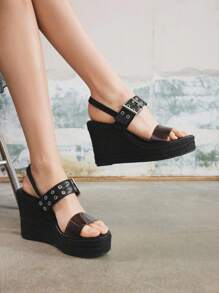 Sugerpunk Women's Platform Wedge Sandals, Round Toe, Black, Straw Woven Rope Sole, Open-Toe, Strap, Rivet Decor, Summer, Vacation Style - Black - View 5