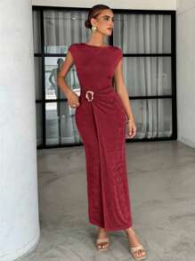 Lavishia 女式夏季杏色金属光泽短袖紧身连衣裙，时尚圆领长裙 - 酒紅色 - 查看 5