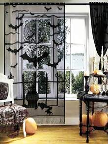 ROMWE Goth 1pc Halloween Imp Door Curtain Halloween Bat Door Curtain Black Lace Ghost Festival Tassel Curtain Door Curtain Holiday Gifts,Home Decor,Holiday Decorations - Black - View 2