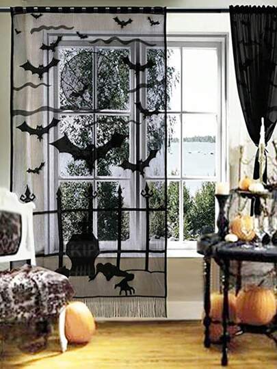 Goth 1pc Halloween Imp Door Curtain Halloween Bat Door Curtain Black Lace Ghost Festival Tassel Curtain Door Curtain Holiday Gifts,Home Decor,Holiday Decorations