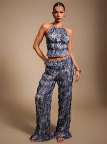 Hauture Pantalones anchos con estampado bohemio y elástico fruncido - Azul y blanco - Ver 3