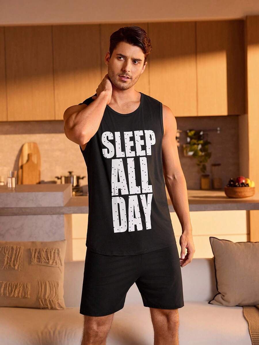 Manfinity Underwear&Sleepwear Basics 男士1入組字母圖案睡衣T恤和1入組睡衣短褲