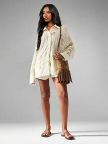 MISSGUIDED Elegant Beaded Sequin Button Down Shirt Long Sleeve Collared Blouse Dressy Oversized Fall Winter Party Holiday Festival Evening Wear - Coffee Brown - View 4