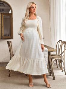 SHEIN 方领褶皱前后褶下摆孕妇装，秋季 - 杏色 - 查看 1