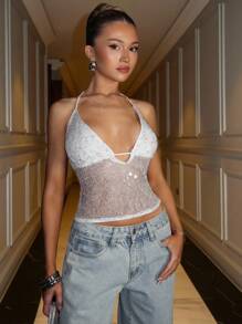 SHEIN BAE Women's Sexy Sequin Fishnet Open Back Halter Neck Top, Summer - White - View 5