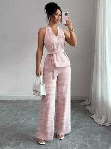 Elenzga Bộ đồ 2 mảnh áo yếm không tay cổ chữ V kẻ caro thanh lịch dành cho nữ + quần dài ống rộng cạp cao - Nhiều màu - Xem 2