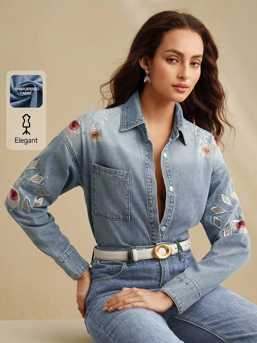 Women's Casual Denim Shirt Blue Long Sleeve Collared Button-Down With Floral Embroidery And Pocket Detail - Blue - View 1